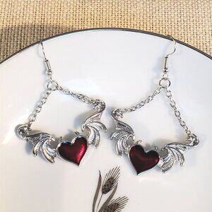 Vampire Goth Blood Red Heart Silver Enamel Chain Earrings